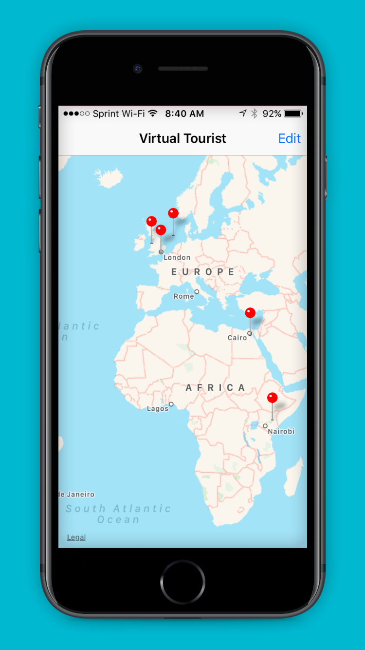 Map View of the Virtual Tourist app with several locations pinned.